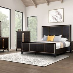 Brand New Espresso & Gold 4pc Queen Bedroom Set (Available In Eastern King)
