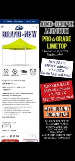 BRAND NEW EZUP BRAND PROFESSIONAL GRADE ECLIPSE ALUMINUM CANOPY WITH PROFESSIONAL GRADE LIME TOP