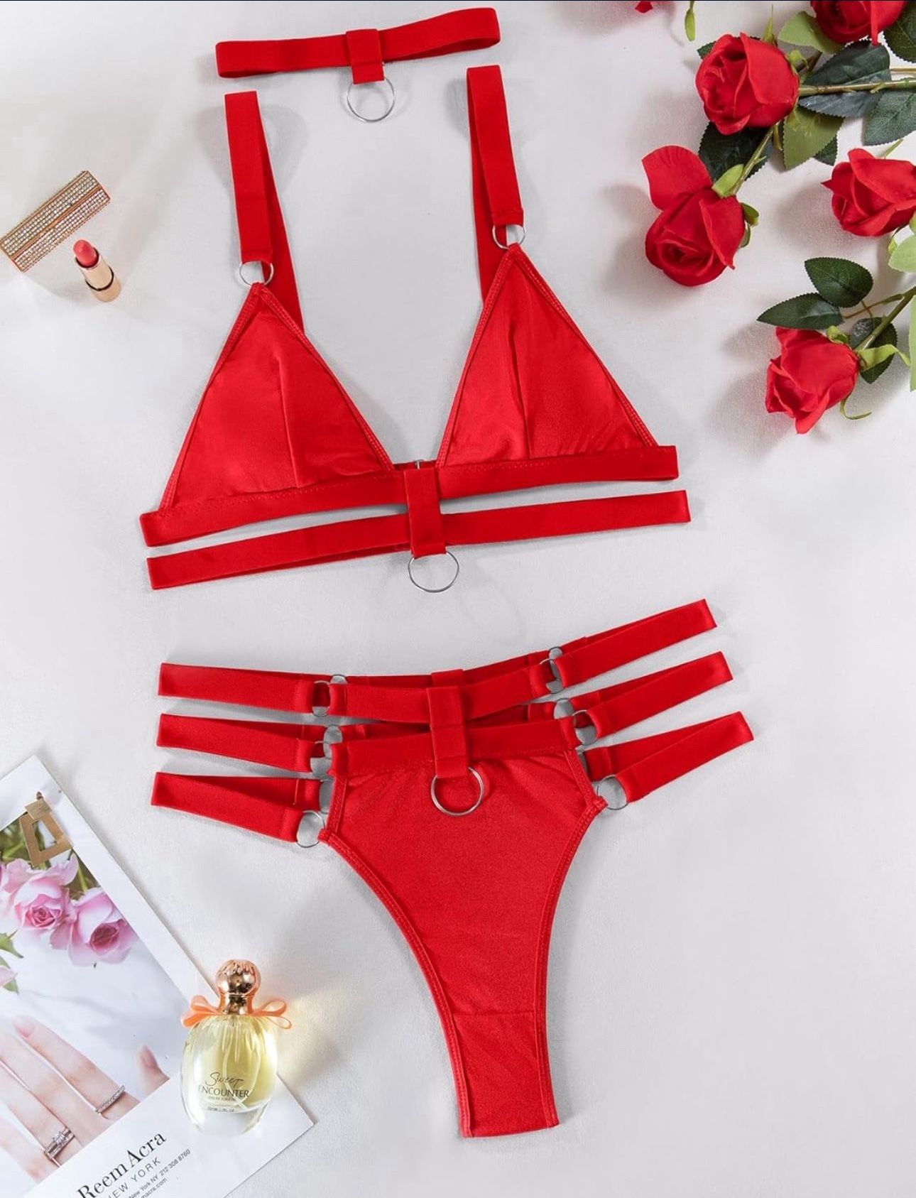 Red Wireless O Ring Linked Strappy Harness Lingerie Set Outfit