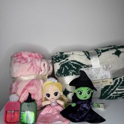 Wicked x Katie Kime Throws, 10’ Elphaba & Glinda Plush & Hand Sanitizer Set NWT