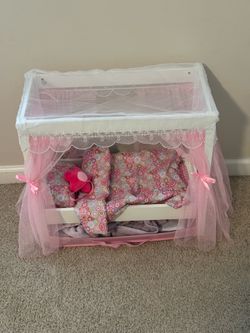 American Girl Doll Bassinet / Pink Doll Bed with Canopy