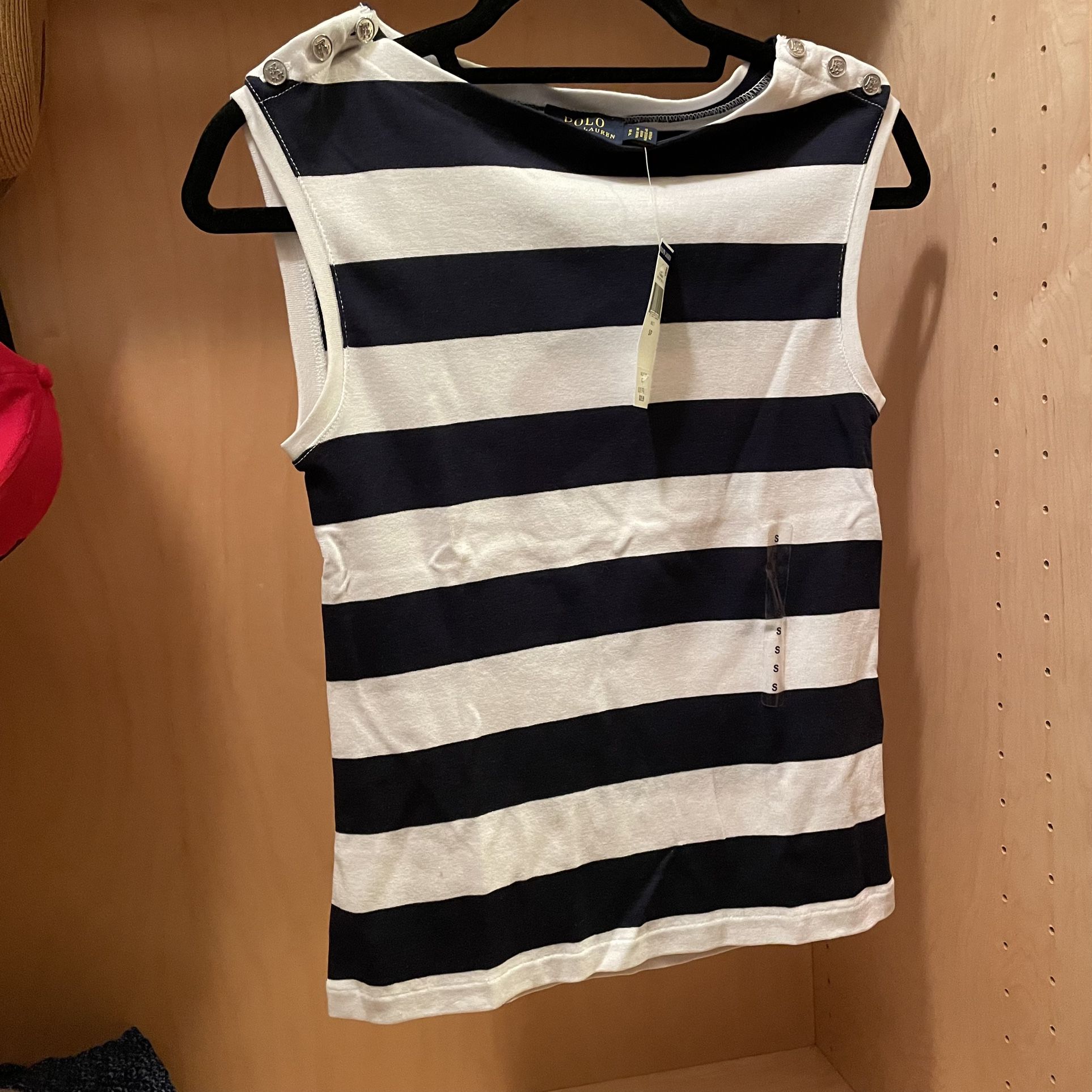 $78 Ralph Lauren Women Sleeveless Shirt Navy White Stripes Size S/P NWT