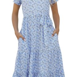 Brandnew(Medium) Women's Dresses Casual Summer Tiered Midi Dress Short Sleeve Belted Ruffle Babydoll Boho Sundress with Pockets 