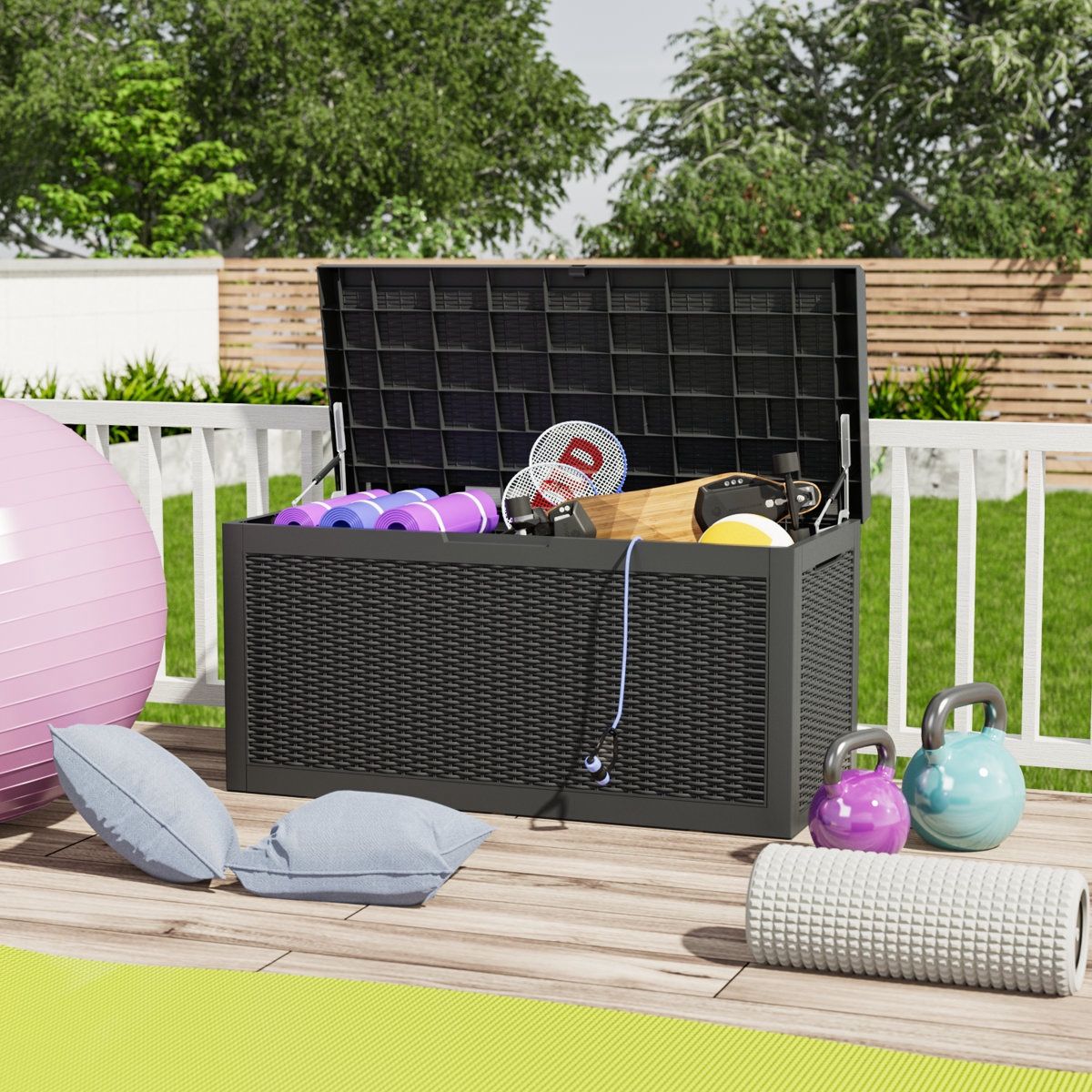 New 100 Gallon Resin Deck Box with Seat Cushion Large Storage for Patio Furniture, Garden Tools, Pool Supplies, Weather and UV Resistant, Lockable,  N