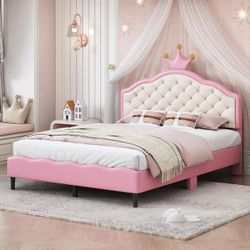 Full Size Upholstered Bed Frame, Princess Bed Frame with Crown Tufted Headboard for Kids Bedroom, No Box Spring Needed, Pink