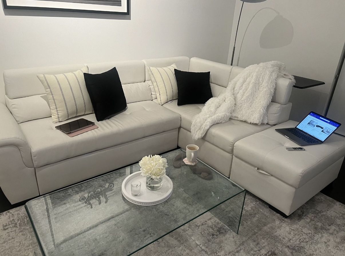White Leather Sectional / Sleeper