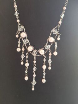 Silver Tone Pearl and Crystal Bib Necklace