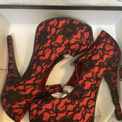 Pleaser Pumps 5” Red/ Black Lace ***NEW***
