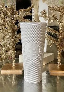 Matte White Studded Tumbler with Lid and Straw