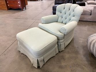 ETHAN ALLEN Vintage Deep Tufted Armchair and Ottoman with Soft Mint Skirted Upholstery