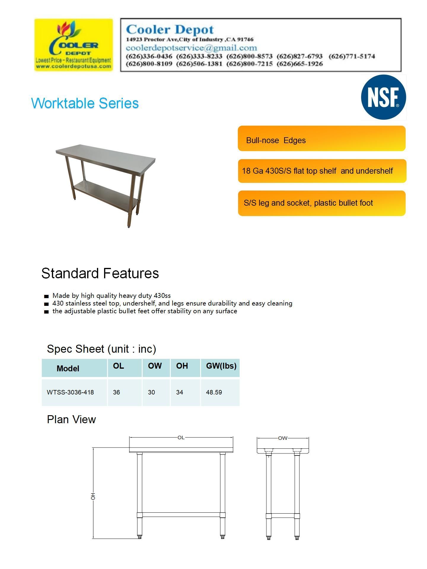 All Stainless Steel Table NSF 36W x 30D x34H ins WTSS 3036 418