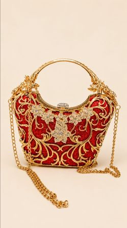 Red Glitter Gold Metal Filigree Evening Clutch