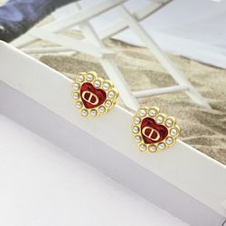 Wine-red small heart pearl stud earrings