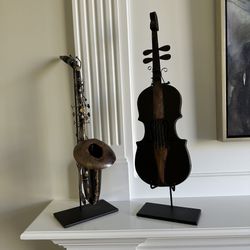 Vintage Metal Mixed Media SAXOPHONE And VIOLIN W/STAND
