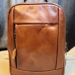 Brown Genuine Leather Backpack Laptop Travel Work Bag Dual Zip Compartments