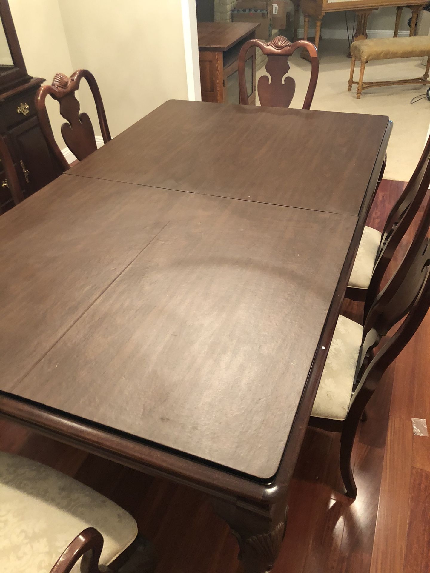 Hutch dining room table, chairs, and china cabinet