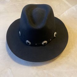 Women’s Eddy Bros 100% Wool Hat Black Silver Buckle Band Made in USA  14" Dia