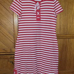 Ralph Lauren CHAPS (Women's Size L) Red & White Striped Jersey Knit Knee Length Dress PRICE Is Firm