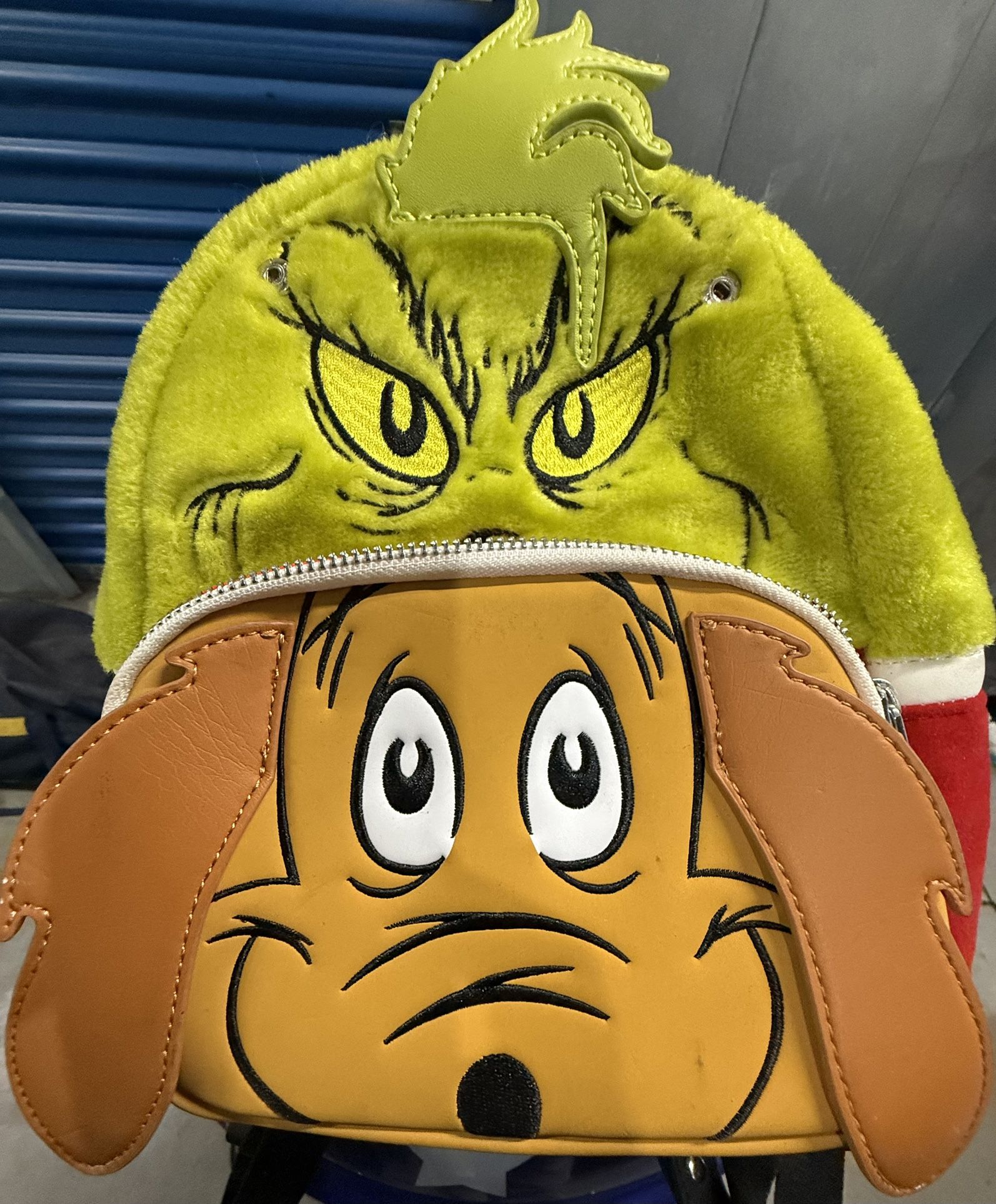 Loungefly Dr. Seuss How the Grinch Stole Christmas Grinch & Max figural mini backpack.
