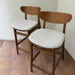 Set Of 2 Wood West Elm Cafe Style Counter Stools WITH WASHABLE LINEN CUSHIONS