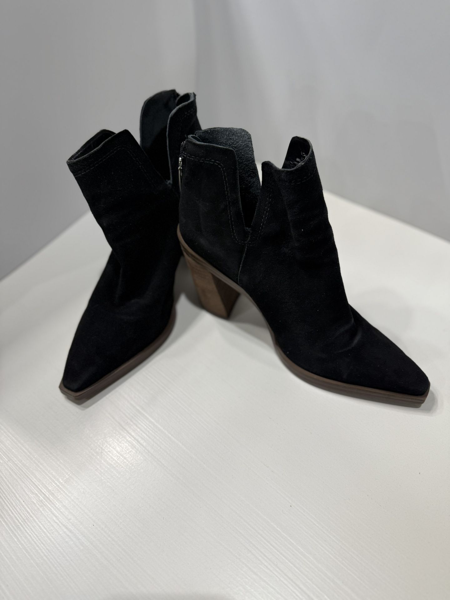 Black Suede Ankle Boot With Wooden Heel And Cutout Detail