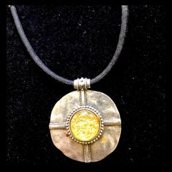 Chico’s Silver Medallion Necklace On Black Cord