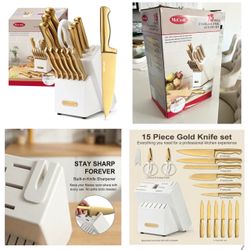 Gold/White Stainless Steel,15 PC Knife Set