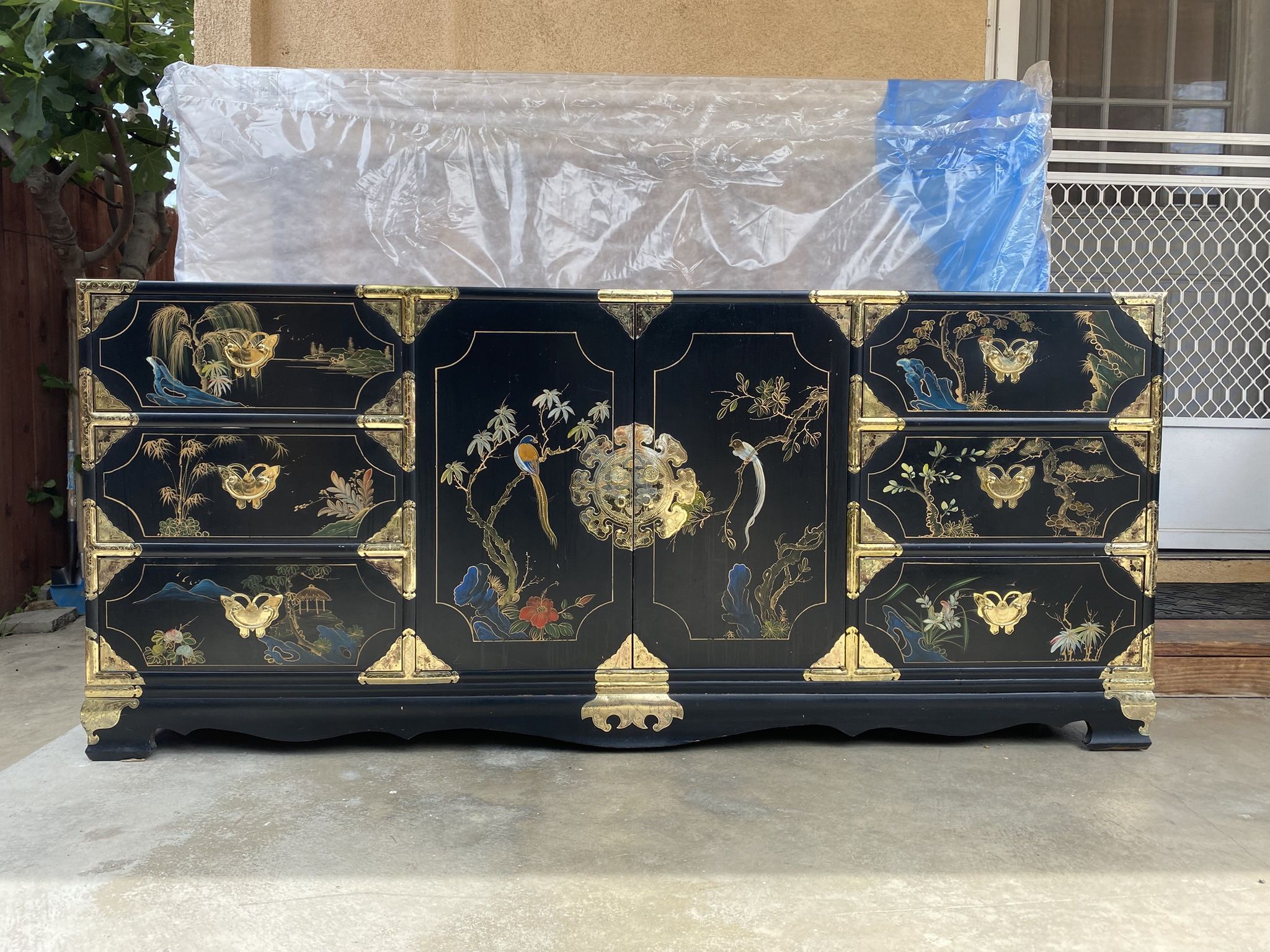 Vintage Korean Tansu Chinoiserie Style Credenza, 72” L x 31” H x 18” D, Hand Painted