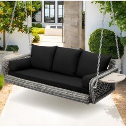 New in box Grepatio Wicker Hanging Porch Swing - Outdoor 3 Person Patio Swing Bench with Cushion & Chains - 3-Seat Porch Swing Chair with Cup Holder f