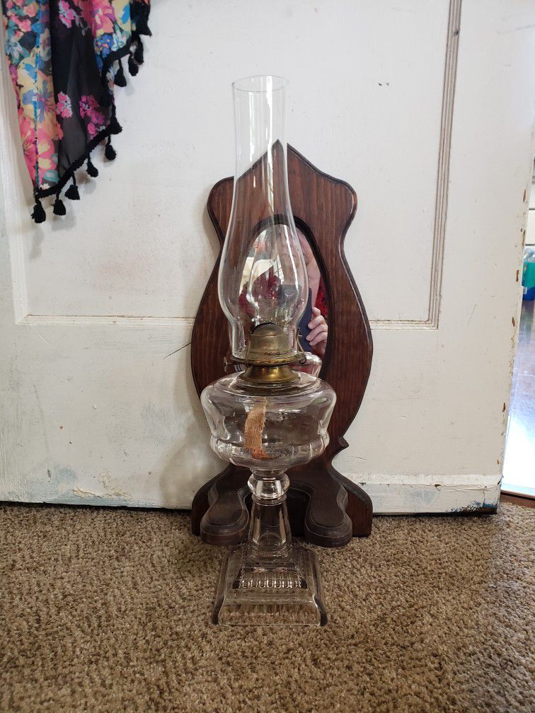 Antique Oil Lamp With Wooden Mirrored Wall Mount
