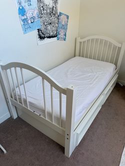 White Wood Kids Bed with Trundle + 2 Mattress