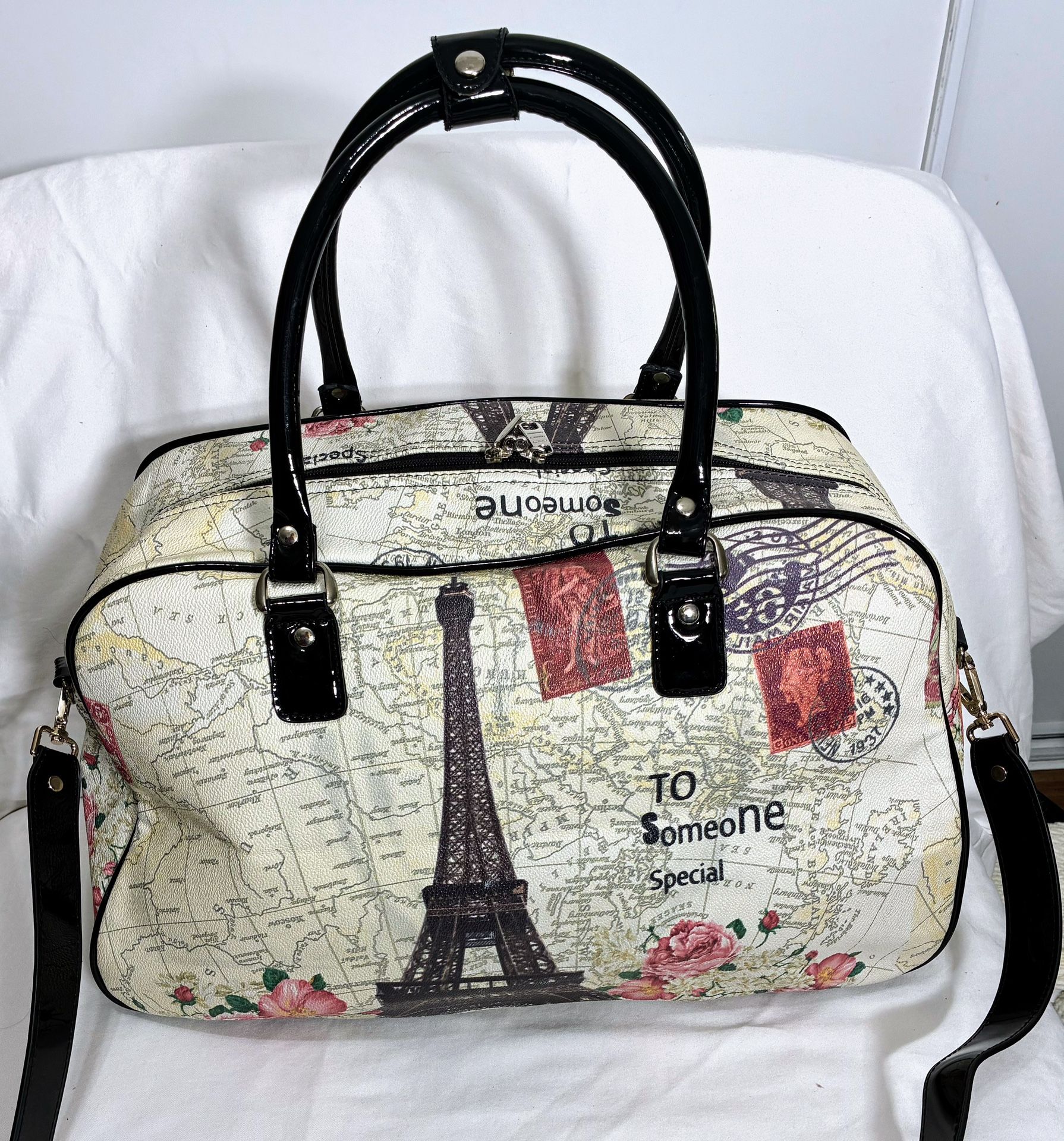Paris Over Night Travel Bag with a map print, Eiffel Tower & floral accents.