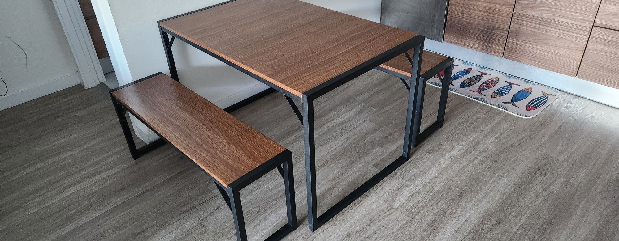 IMUsee 3PC 47.2" Dining Table Set for 4 with Benches, Heavy Duty Metal Frame, Small Space Saving Kitchen Dinette, Wood Board and Black Legs