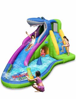 ACTION AIR Inflatable Water Slide, Shark Bounce House with Slide for Wet and Dry, Playground Sets for Kids Backyard, Water Spray & Water Pool, Durable