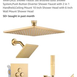 Shower Faucet Set Brushed Gold Shower System,Push Button Diverter Shower Faucet with 2 in 1 Handheld,Ceiling Mount 10 Inch &6 inch Shower Head