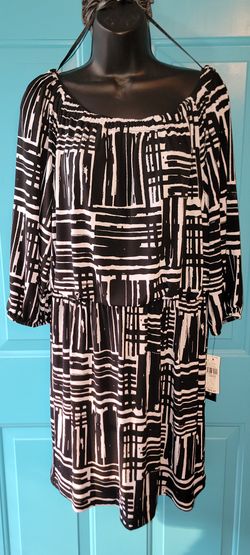 AB Studio Print Peasant Blouson Dress Black/White- Women's Size Large Paid $54 BRAND NEW WITH TAGS