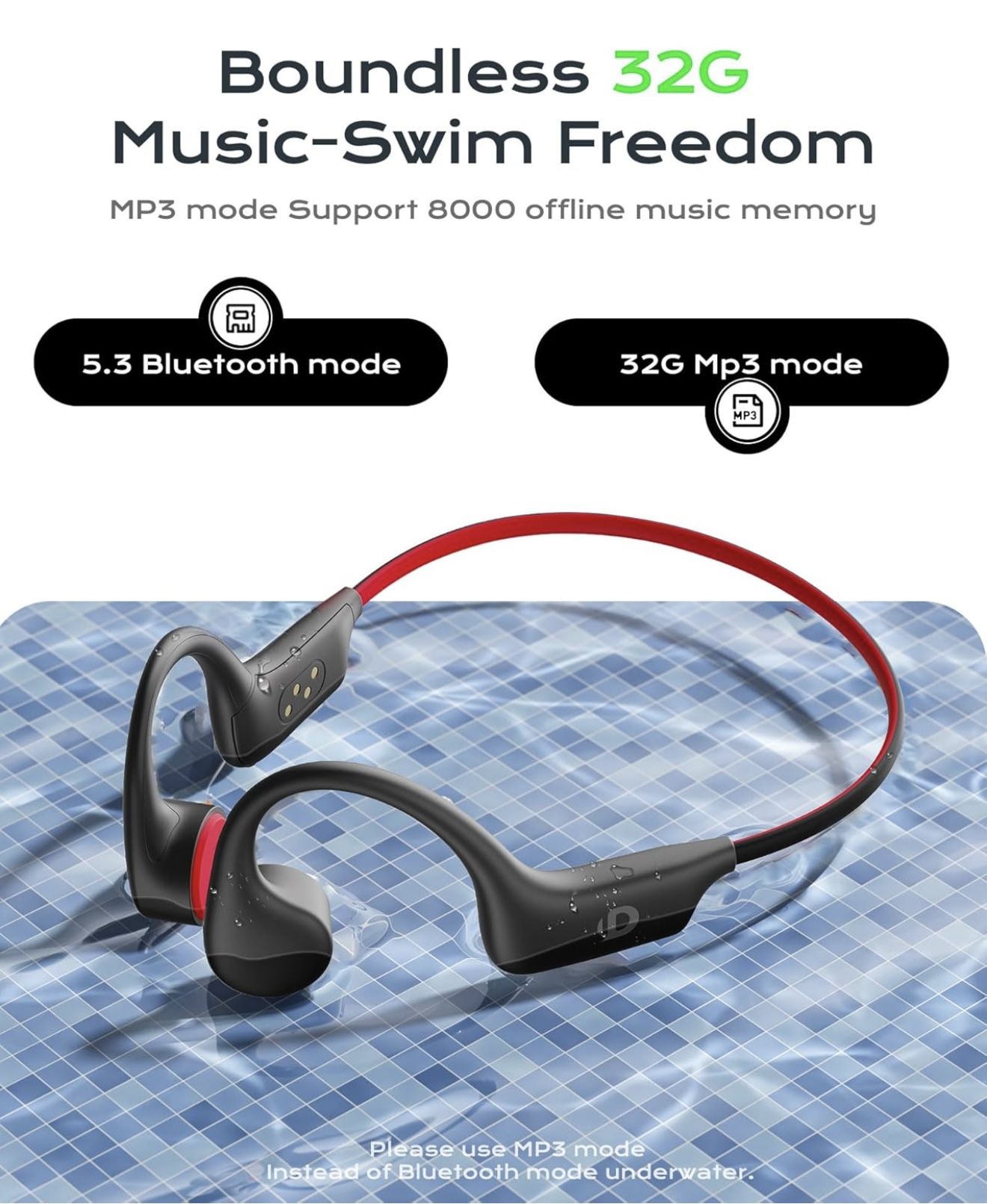 Open Ear Sport Headphones, Wireless Bone Conduction Earphones, Built-in 32GB MP3,with Mic, IP68, Sweat & Water Resistant, Up to 8 Hours Battery, Bluet