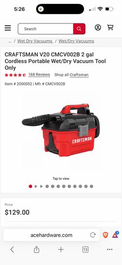 CRAFTSMAN V20 CMCV002B 2 gal Cordless Portable Wet/Dry Vacuum Tool Only