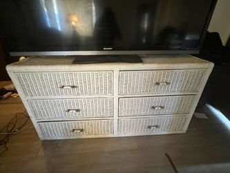 White wicker, dresser, and chest