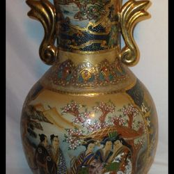 Large Asian Oriental Satsuma Geisha Hand Painted Gold Porcelain Figurine Vase 14" Inch