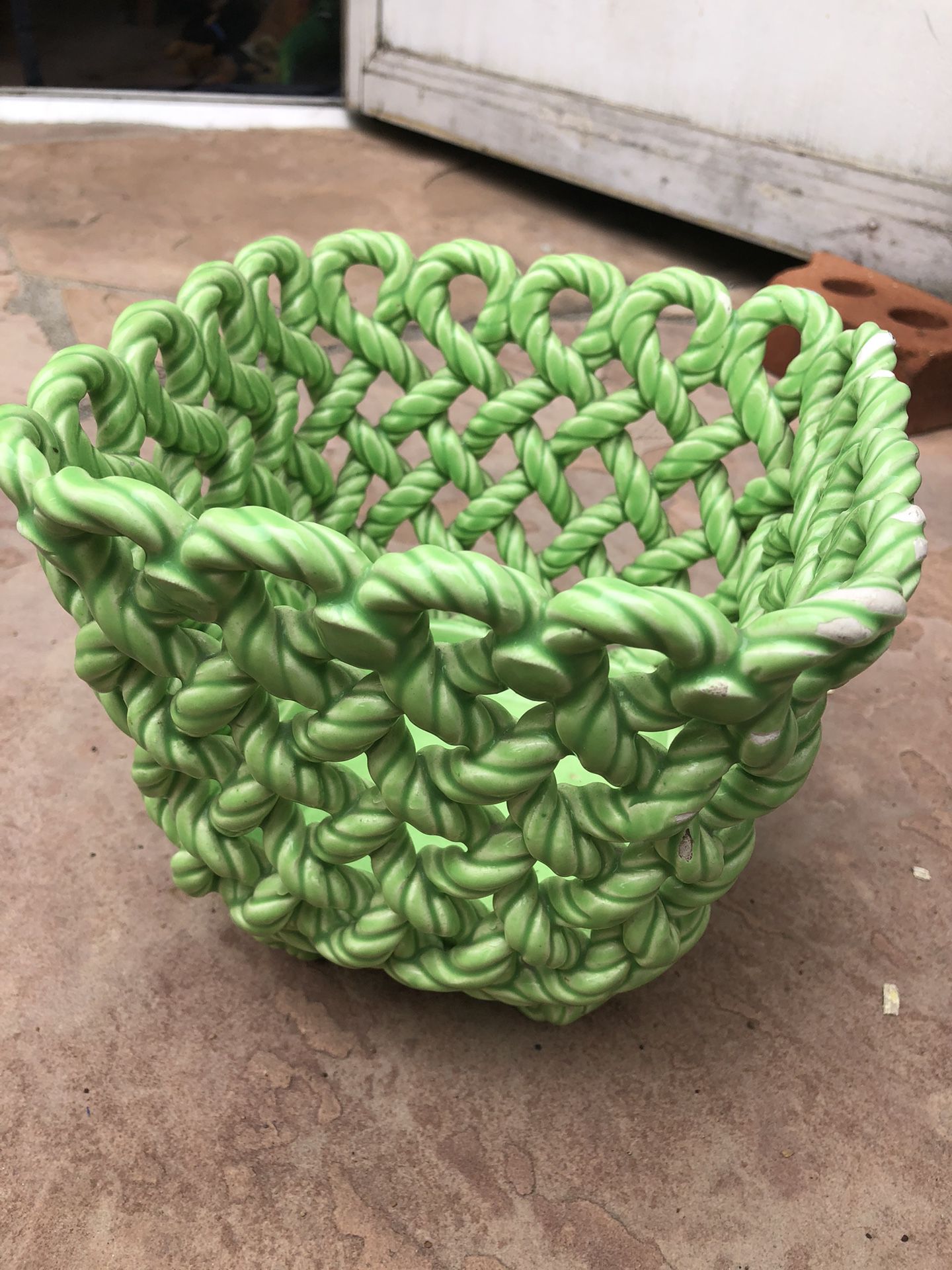 Vintage Spring Green Ceramic Braided Woven Basket Planter Plant Holder Mid Century Modern Pottery 