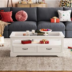 47" Coffee Table with Glass Tabletop, Open Display Area and Storage Drawer, Modern Farmhouse Center Table for Living Room, White