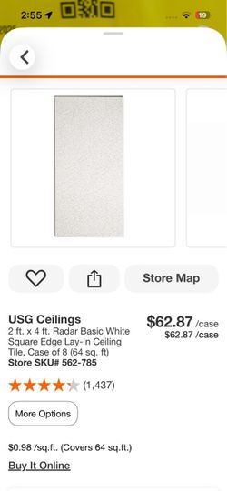 USG Ceilings 2 ft. × 4 ft. Radar Basic White Square Edge Lay-In Ceiling Tile, Case of 8 (64 sq. ft) Store SKU# 562-785