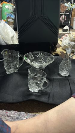 ANCHOR hocking creamer, oil bottle, pint pícher and bowl