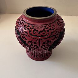 Antique Chinese Cinnabar lacquer vase with floral and geometric design