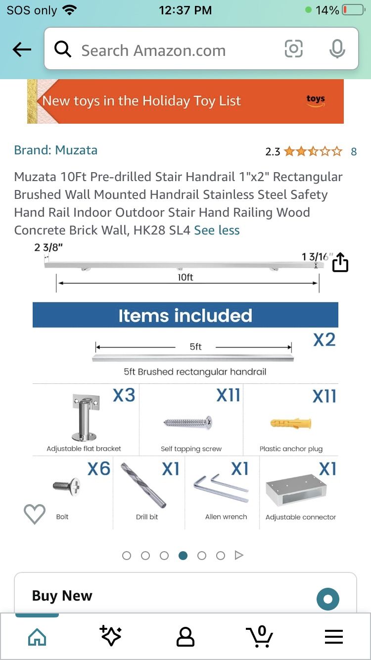Muzata 10Ft Pre-drilled Stair Handrail 1"x2" Rectangular Brushed Wall Mounted Handrail Stainless