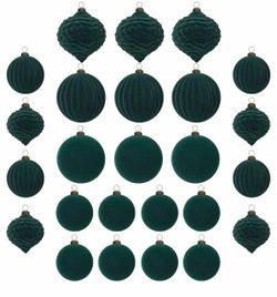 Green Velvet Christmas Balls 25pcs Flocked Christmas Tree Ornaments 3.15-Inch and 2.36-Inch Assortment for Xmas Tree Holiday Decor