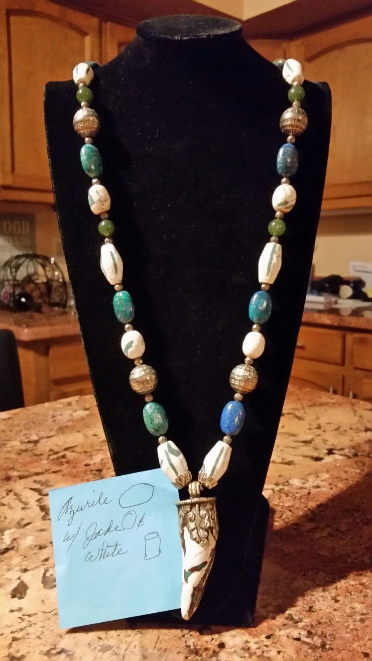Custom made 22 inch bead necklace azurite with white jade