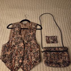 Rabbit tapestry vest, crossbody and coin purse. Size Medium.