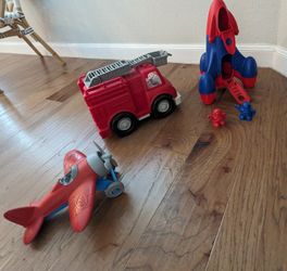 Green Toys Brand Collection. Fire Truck, Airplane and Space Ship Toys 
